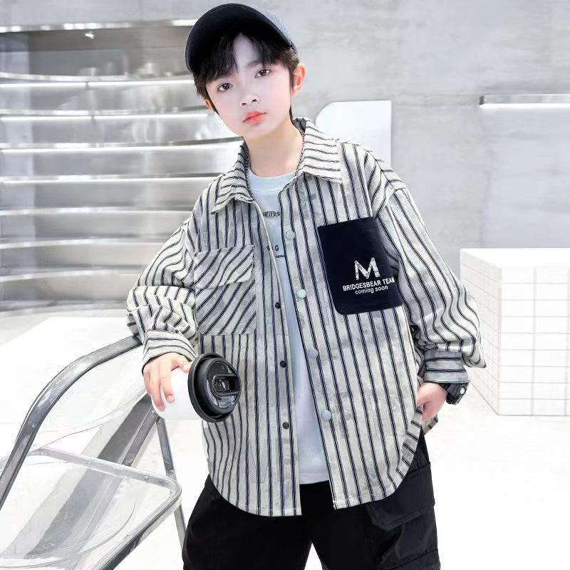 2025新款秋季条纹衬衣外套中大儿秋装上衣9428