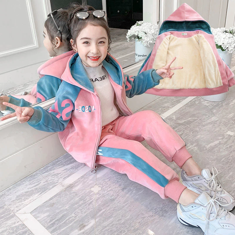 女童装秋冬套装2025新款中大童冬季女孩银狐绒洋气两件套加绒加厚