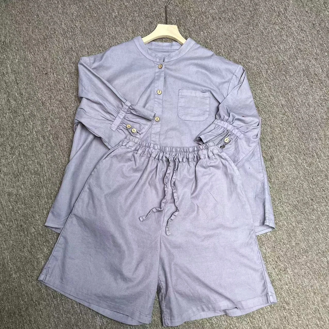 花璟与麻原创设计纯色短裤套装（衣长63胸围135裤长52臀围110）