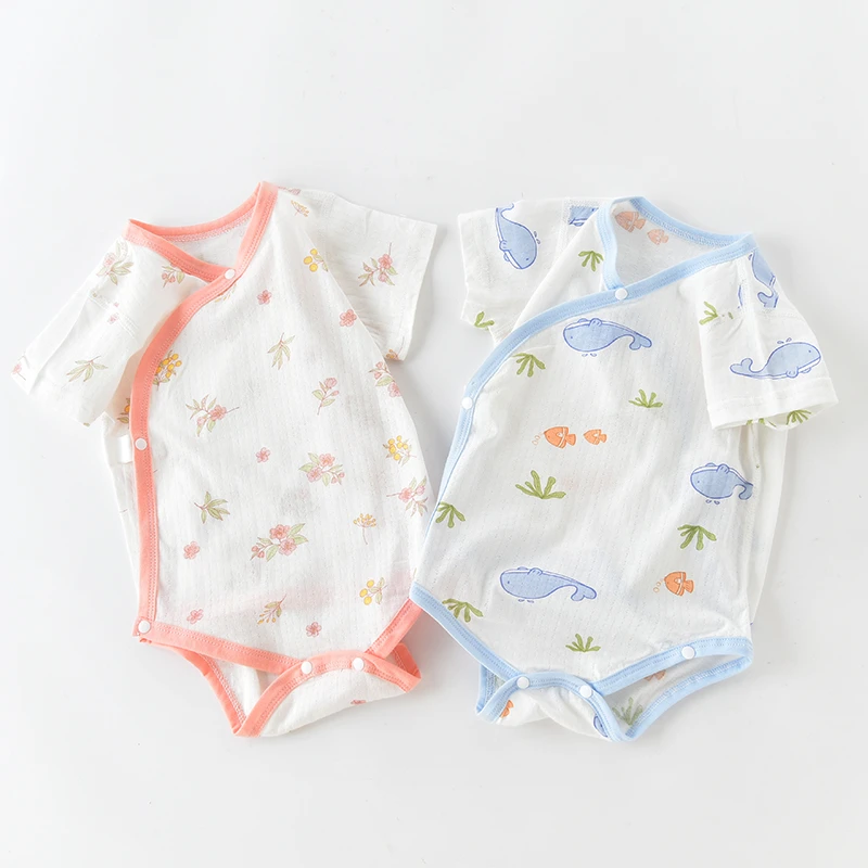 婴儿包屁衣夏季薄款短袖连体衣新生儿双层护肚睡衣服宝宝三角哈衣