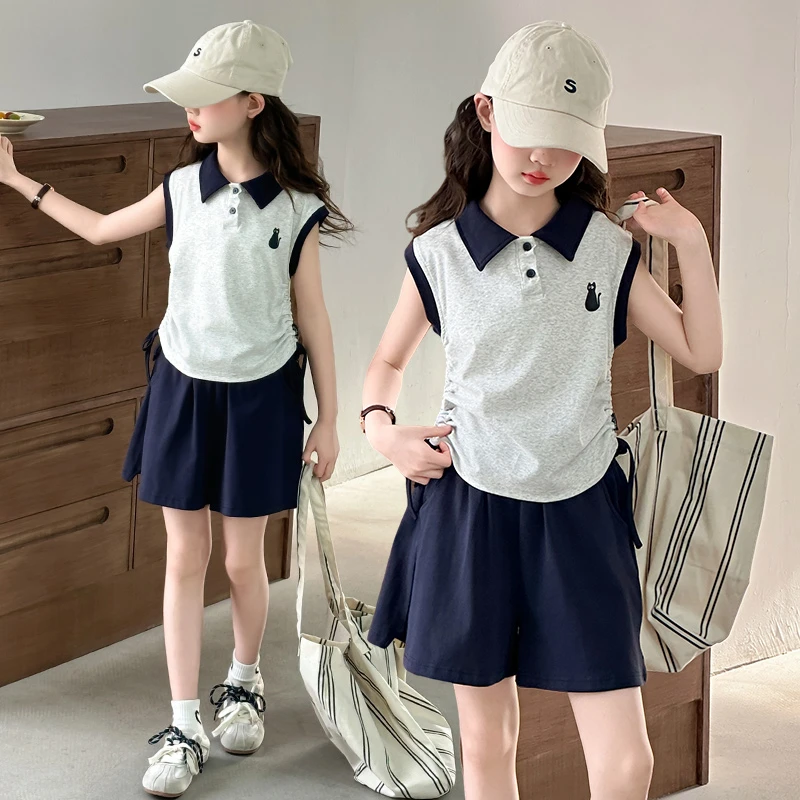 女童夏装套装2025新款儿童装洋气时髦短袖polo衫中大童夏季两件套