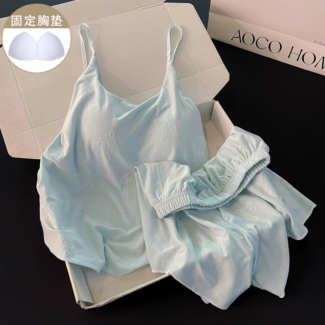 网红ins风简约带胸垫睡衣女新款夏天性感吊带短裤韩系家居服套装