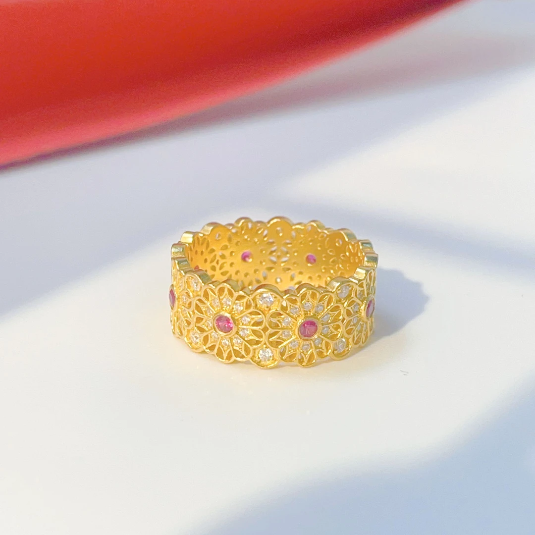足金点钻玫瑰花窗戒指黄金5G花窗宽版戒指