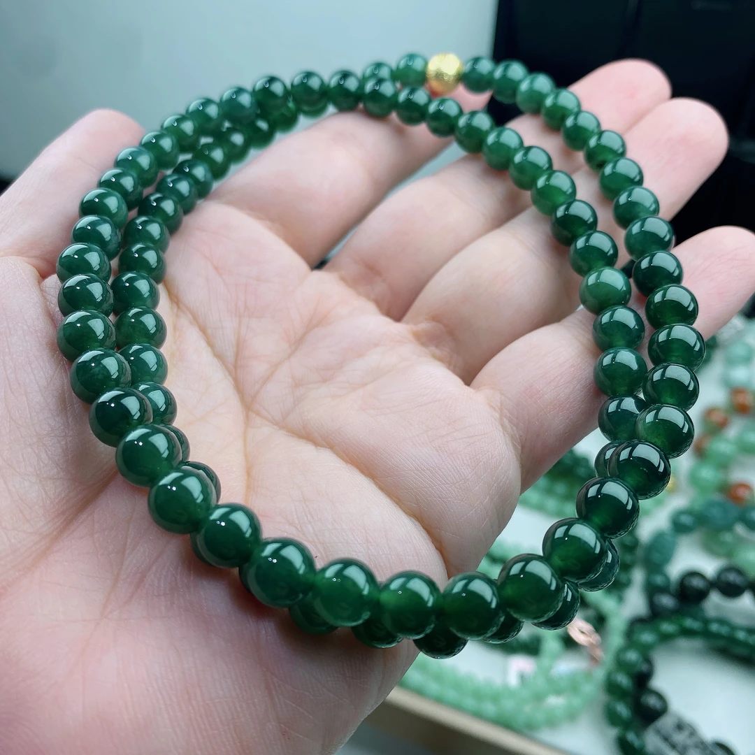 天然A货翡翠珠卡8m男女老坑满色冰绿天空蓝水路路通项链