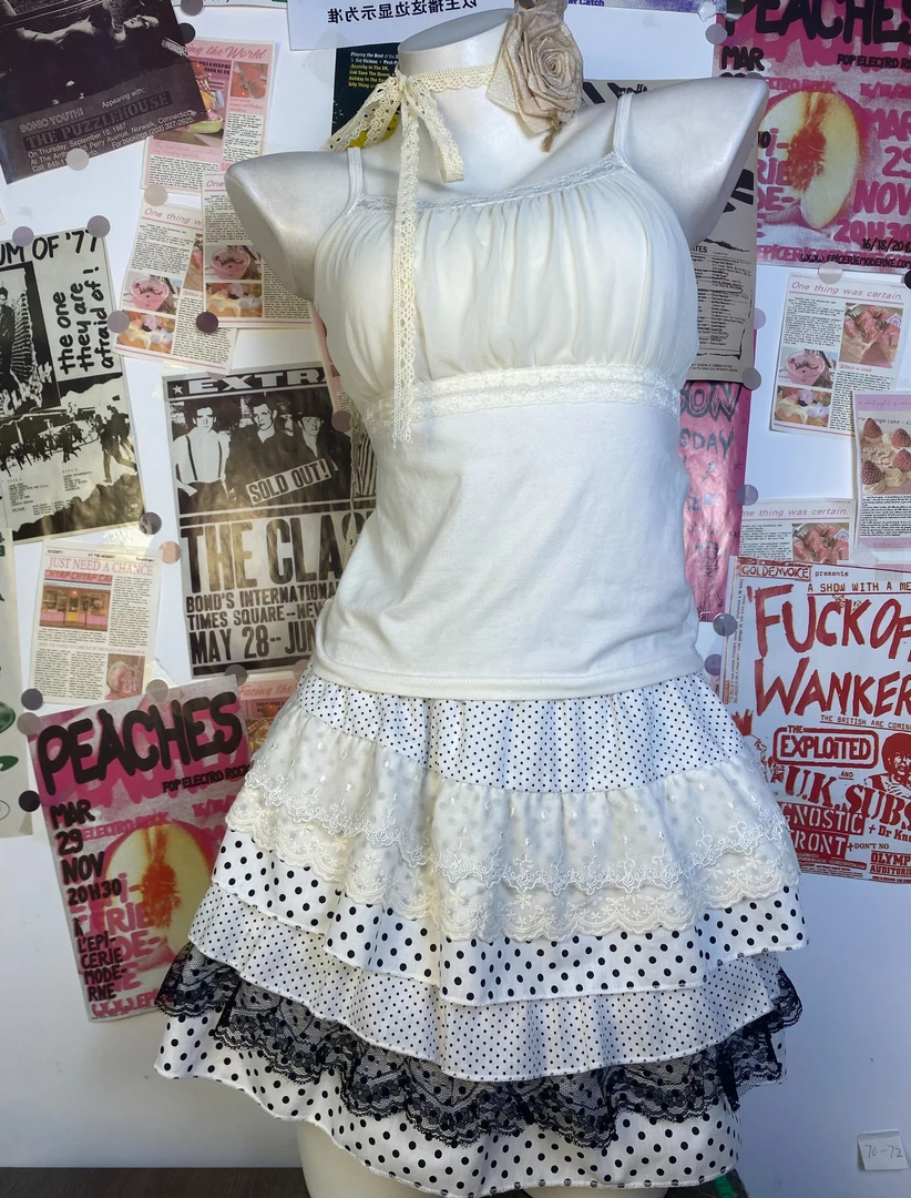 【橘.里】全新自制古早奈奈风日系古着感蕾丝波点蛋糕裙甜美半身裙