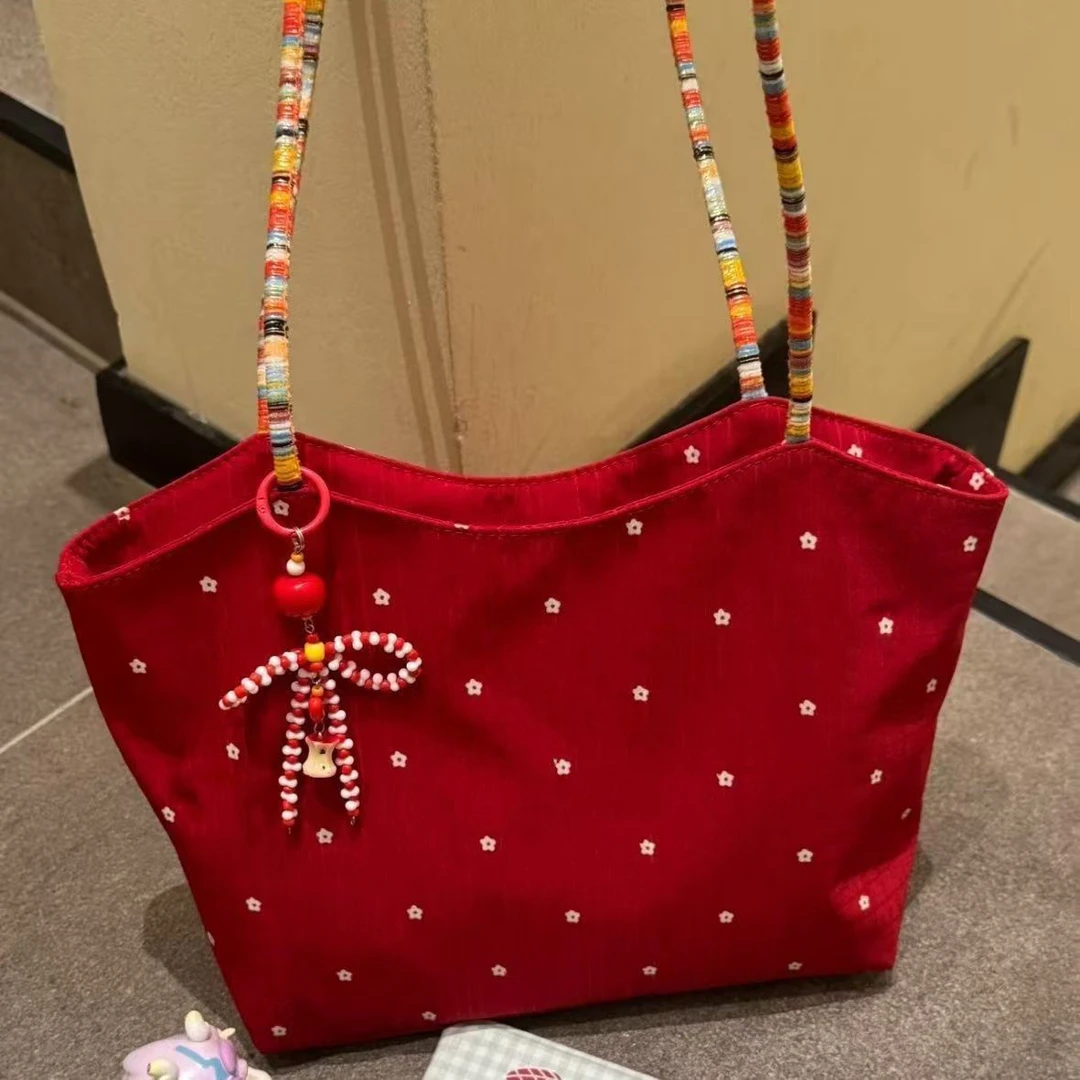 韩系红色花朵帆布包女2025新款撞色单肩托特包通勤手提购物袋qt