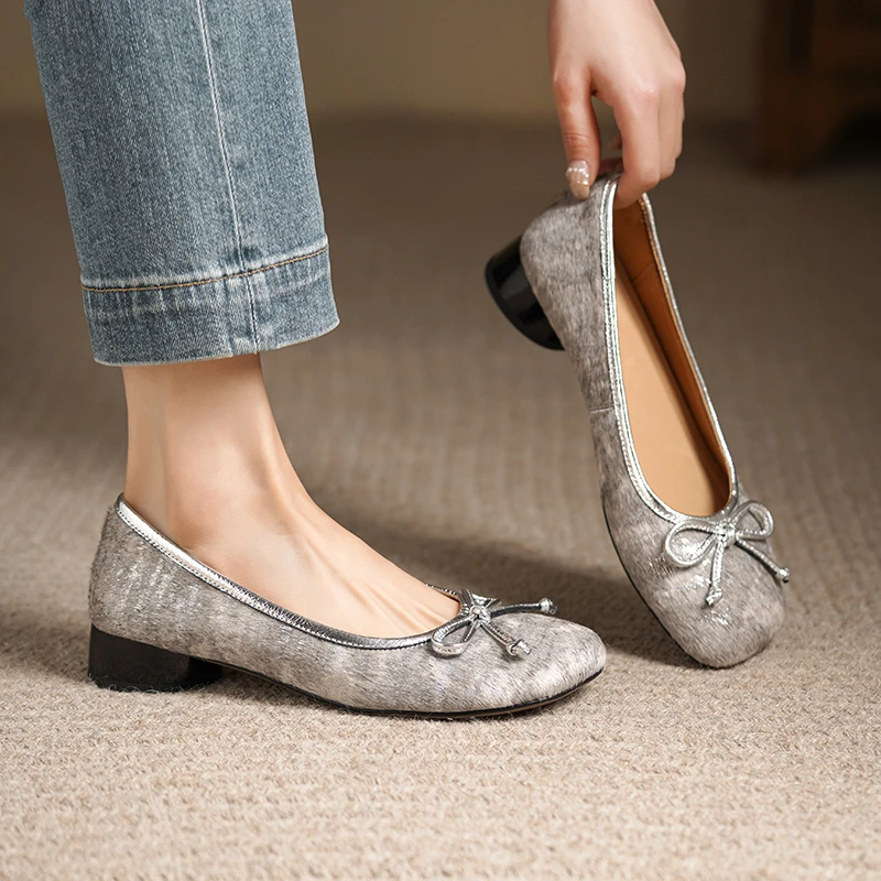 春夏季时尚马毛单鞋女百搭宽头粗跟浅口中跟蝴蝶节女鞋玛丽珍鞋