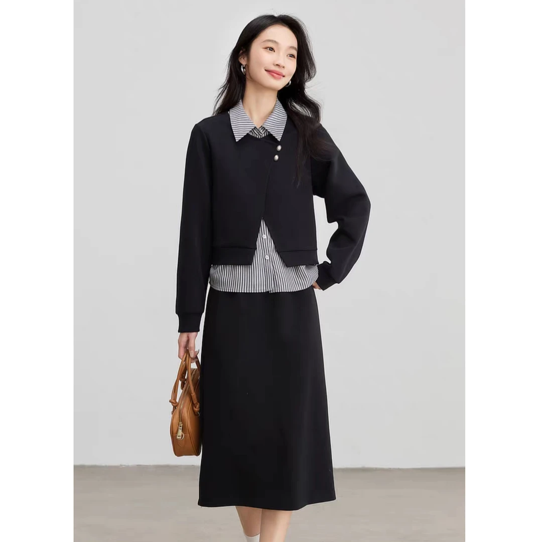 1573气质休闲套装女2025新款秋装条纹假两件上衣+半身裙两件套