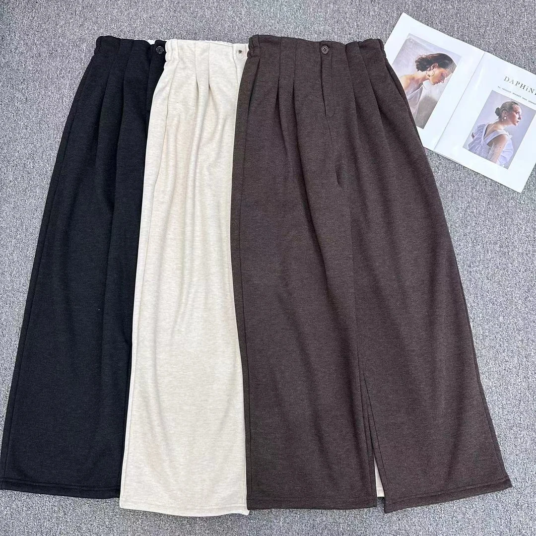 【周周家】6916濮院冬季加绒羊毛裤纯色阔腿裤女士街头风休闲裤DY