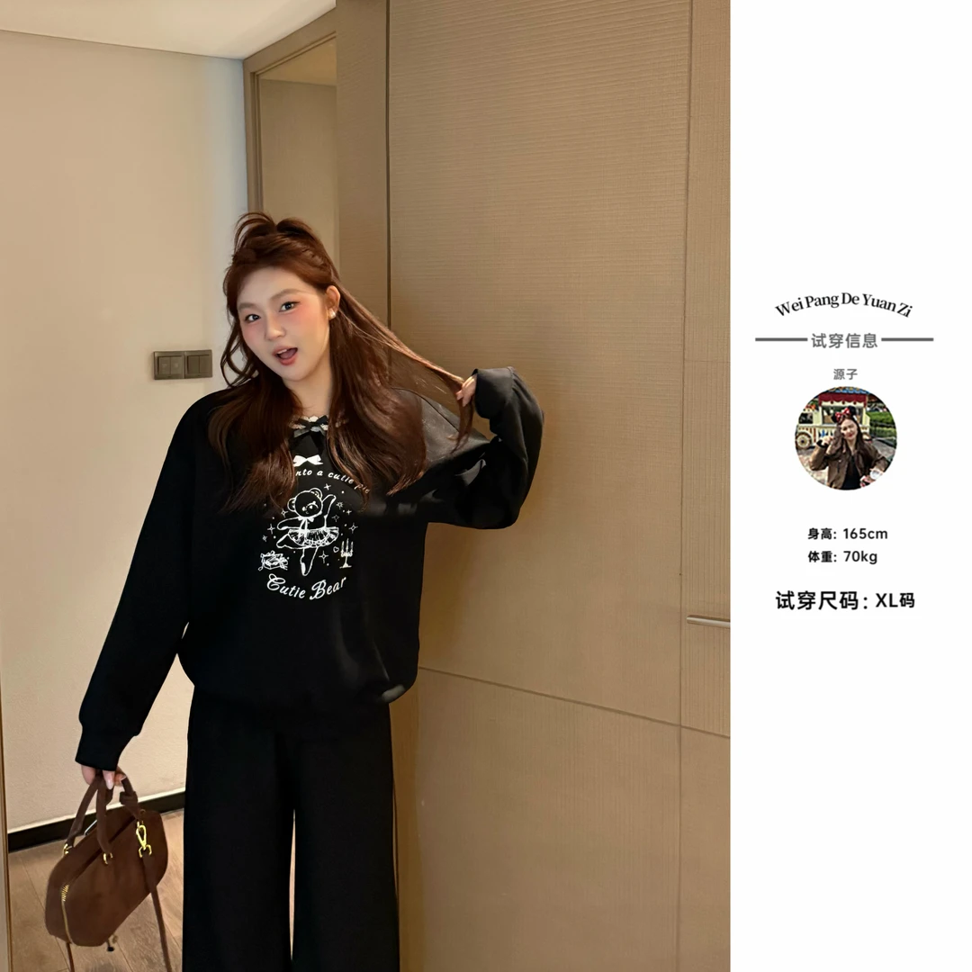 楠序【小熊卫衣】魏魏微胖女装 2025年秋装长袖印花休闲卫衣YZ37110