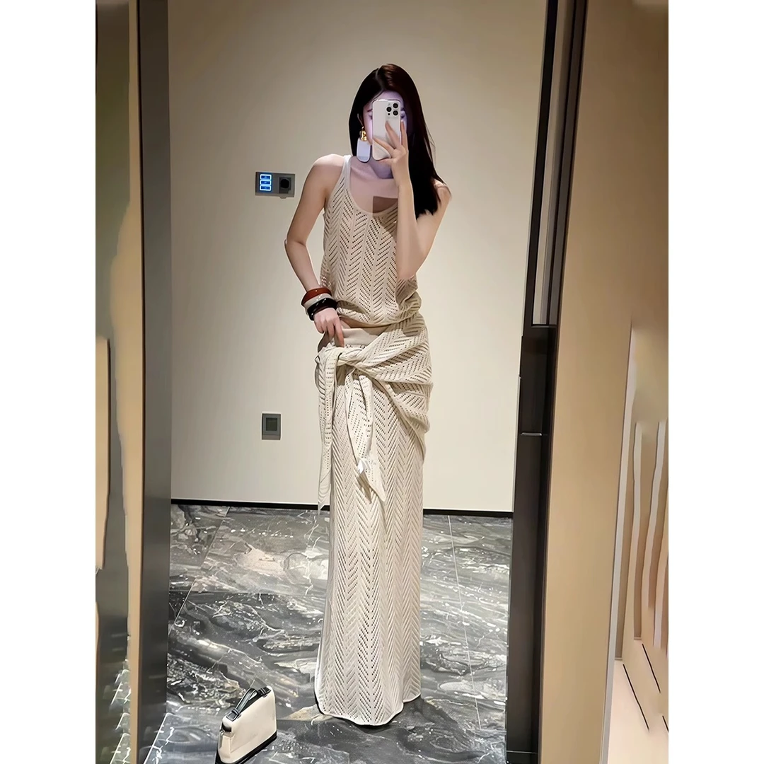 法式名媛风针织套装裙女夏2025新款无袖吊带上衣包臀半身裙三件套