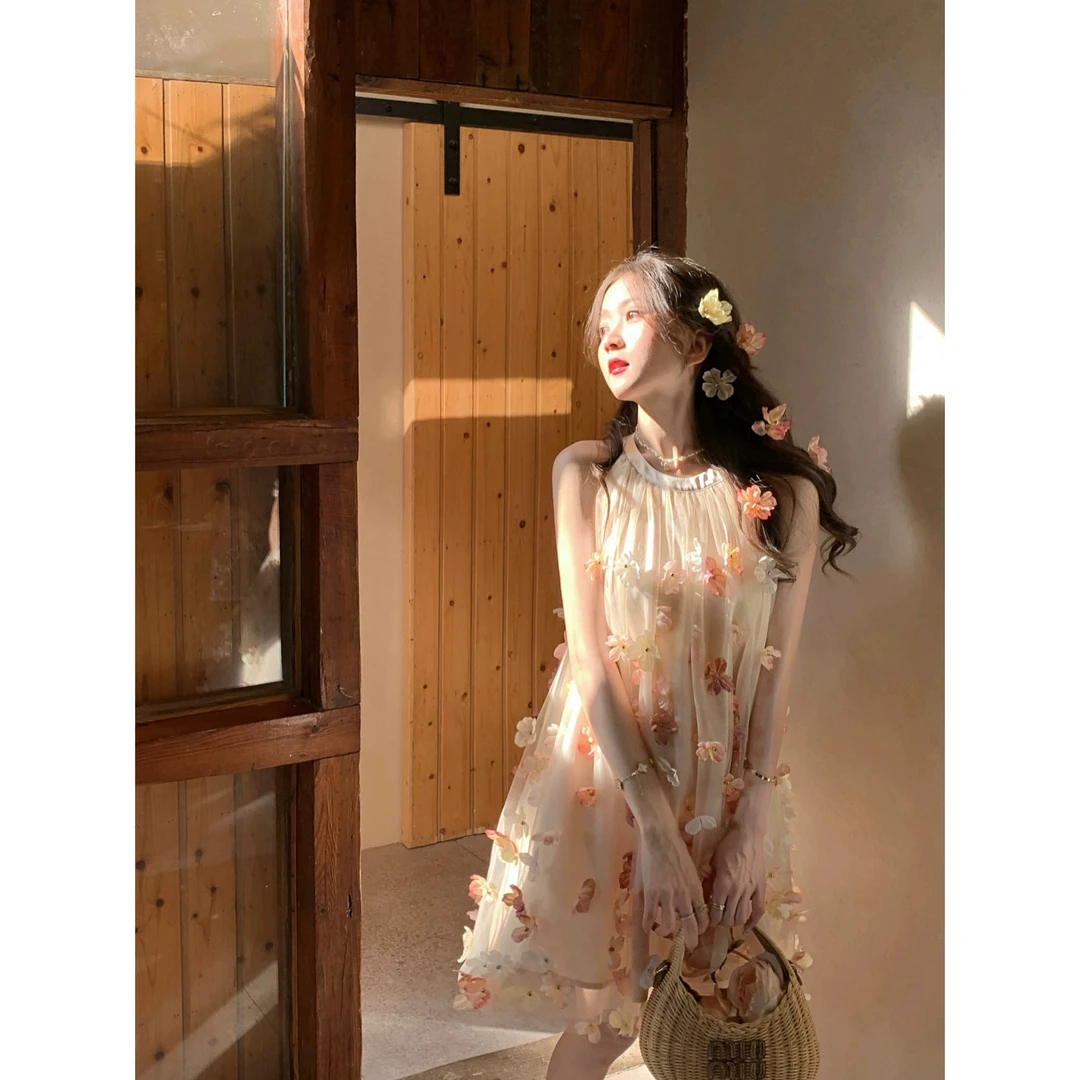 Q女家 花神的爱意/绝美花朵法式挂脖连衣裙夏小个子生日公主裙子