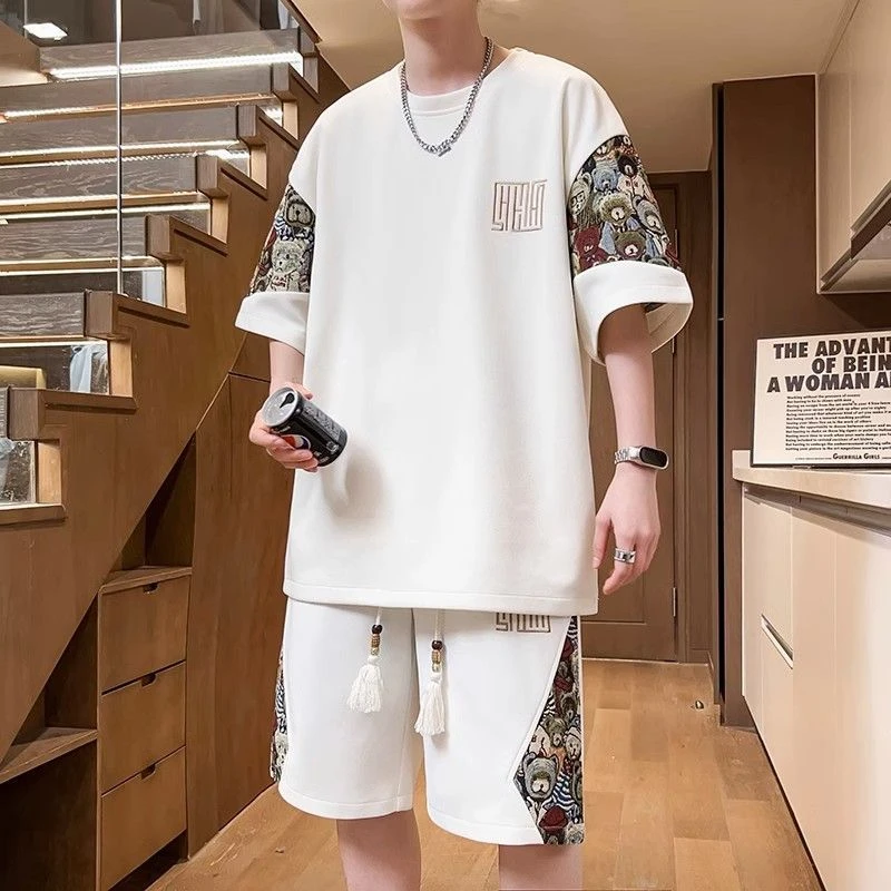 中国风男士夏季套装爆款2025新款小熊刺绣休闲潮流短袖短裤两件套