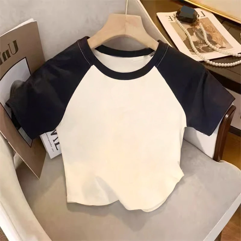 2025新款夏季棉插肩短袖T恤女设计感百搭夏装辣妹修身短款上衣