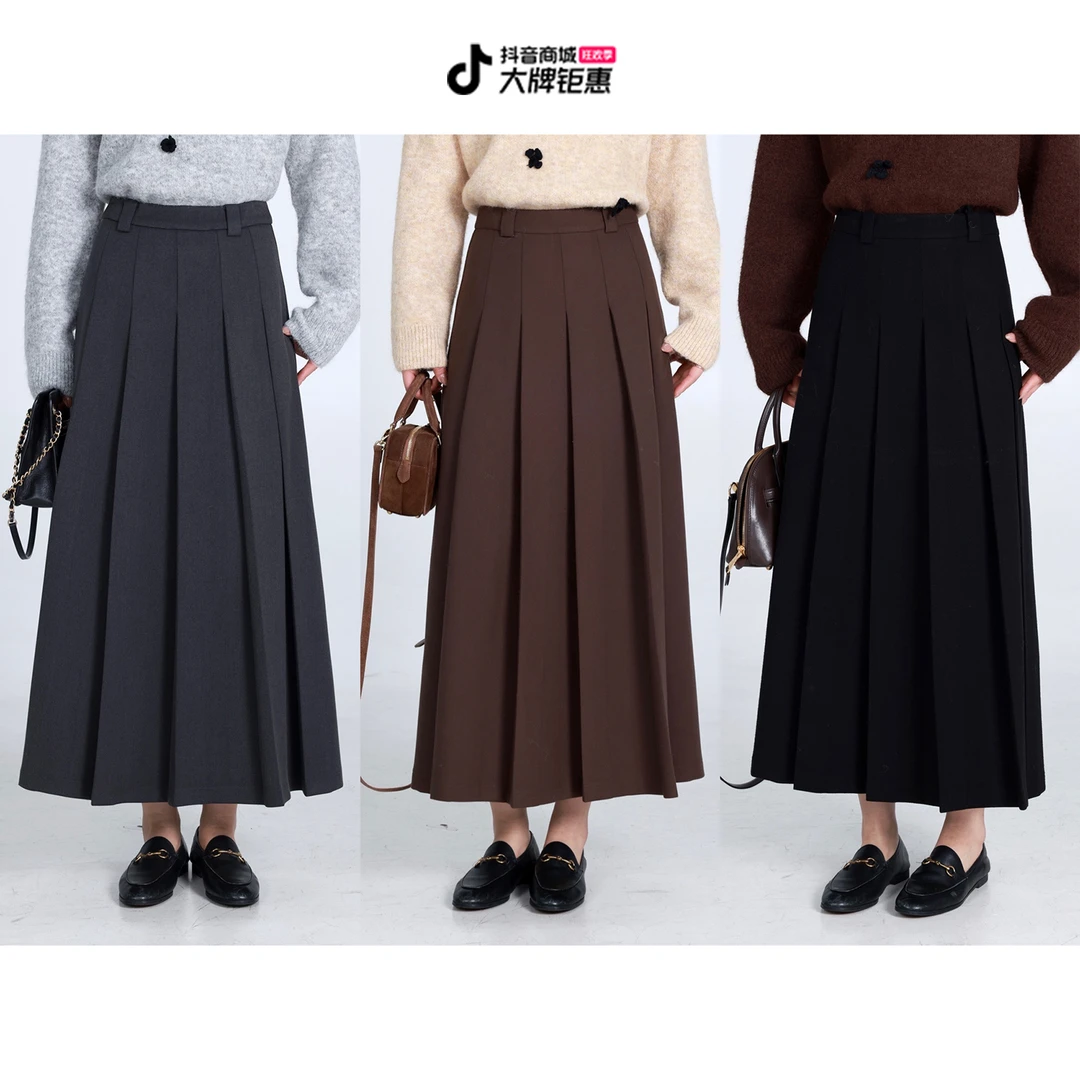 QC宣宣【海德公园】微胖大码女冬气质毛呢压褶显瘦半身裙ZY410K05
