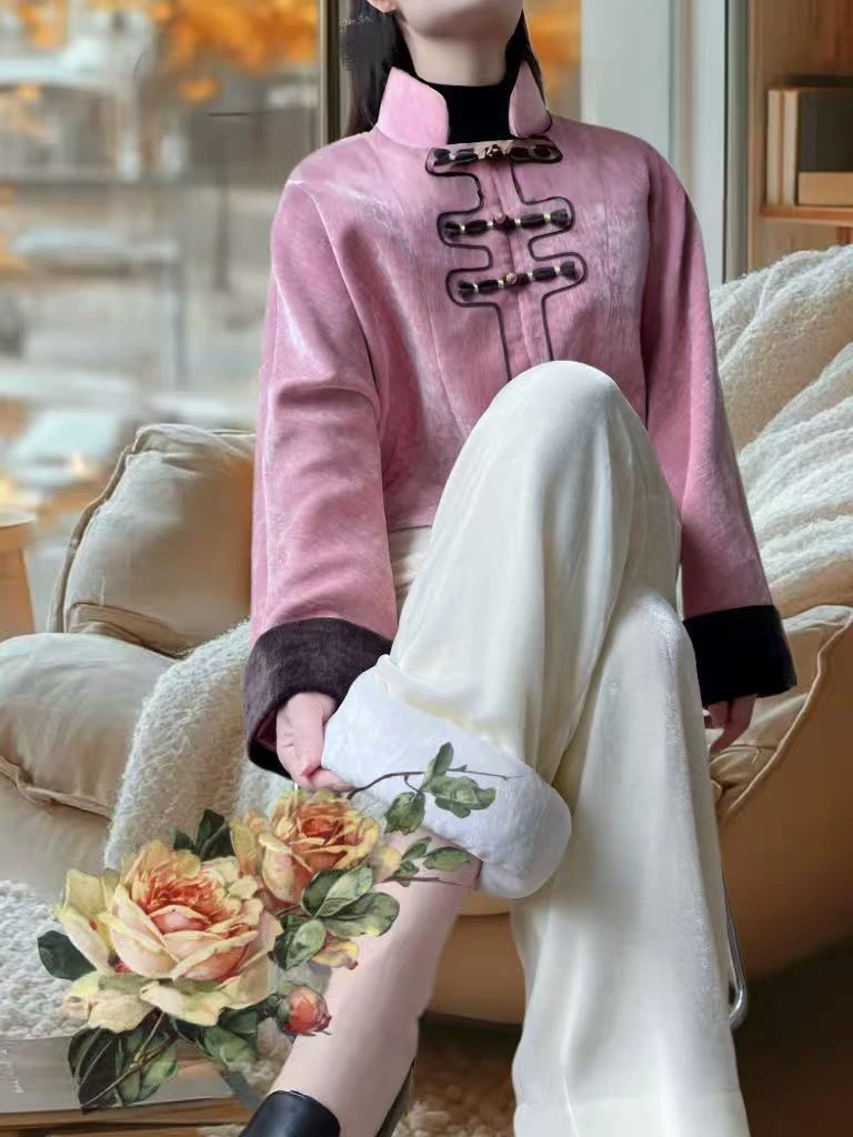 秋冬桑蚕丝窄版阔腿裤口袋高腰慵懒风休闲裤直筒中式外穿加厚长裤