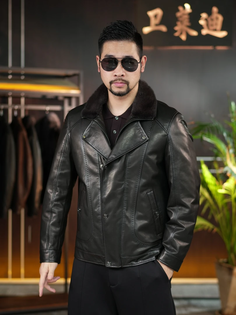 冬季脱卸鹅绒6626【卫莱迪】时尚男士真皮皮衣 山羊皮保暖西装领