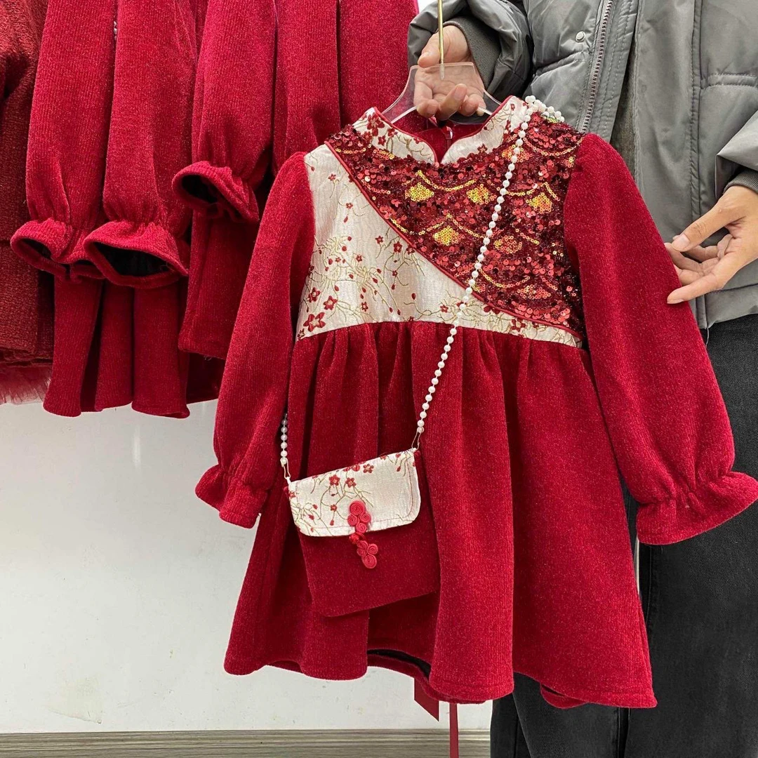2号女童2025新款冬季加绒连衣裙新年服