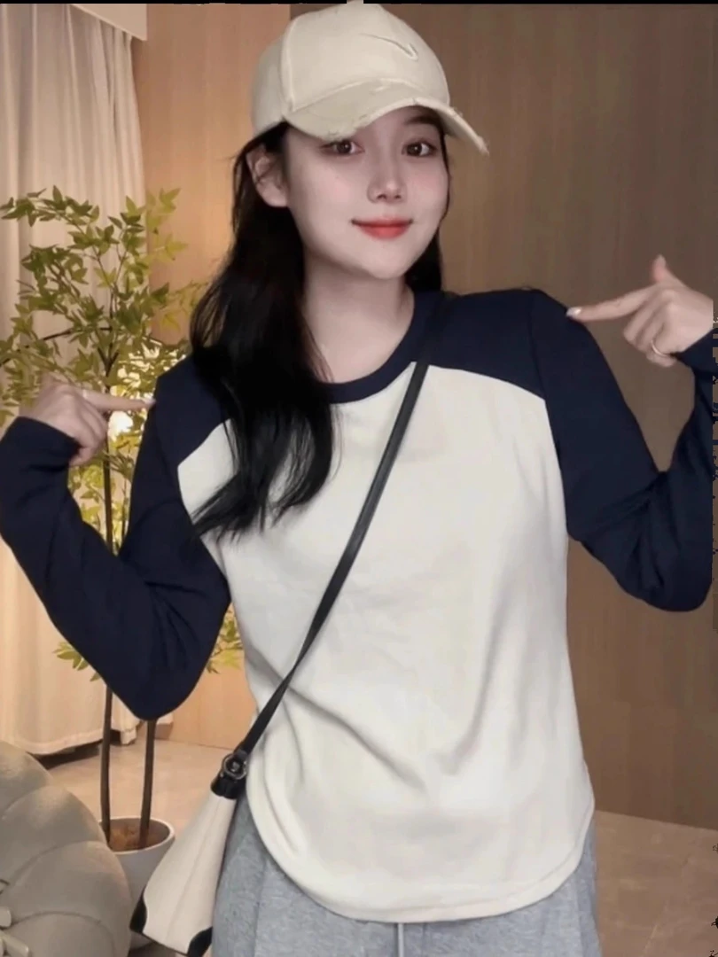 秋季新款重工设计感双色拼接大码长袖T恤遮肉显瘦百搭别致打底衫