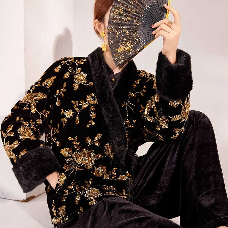 新中式高级设计感新款国风金色钉珠精致感气质棉服长袖外套 MX075