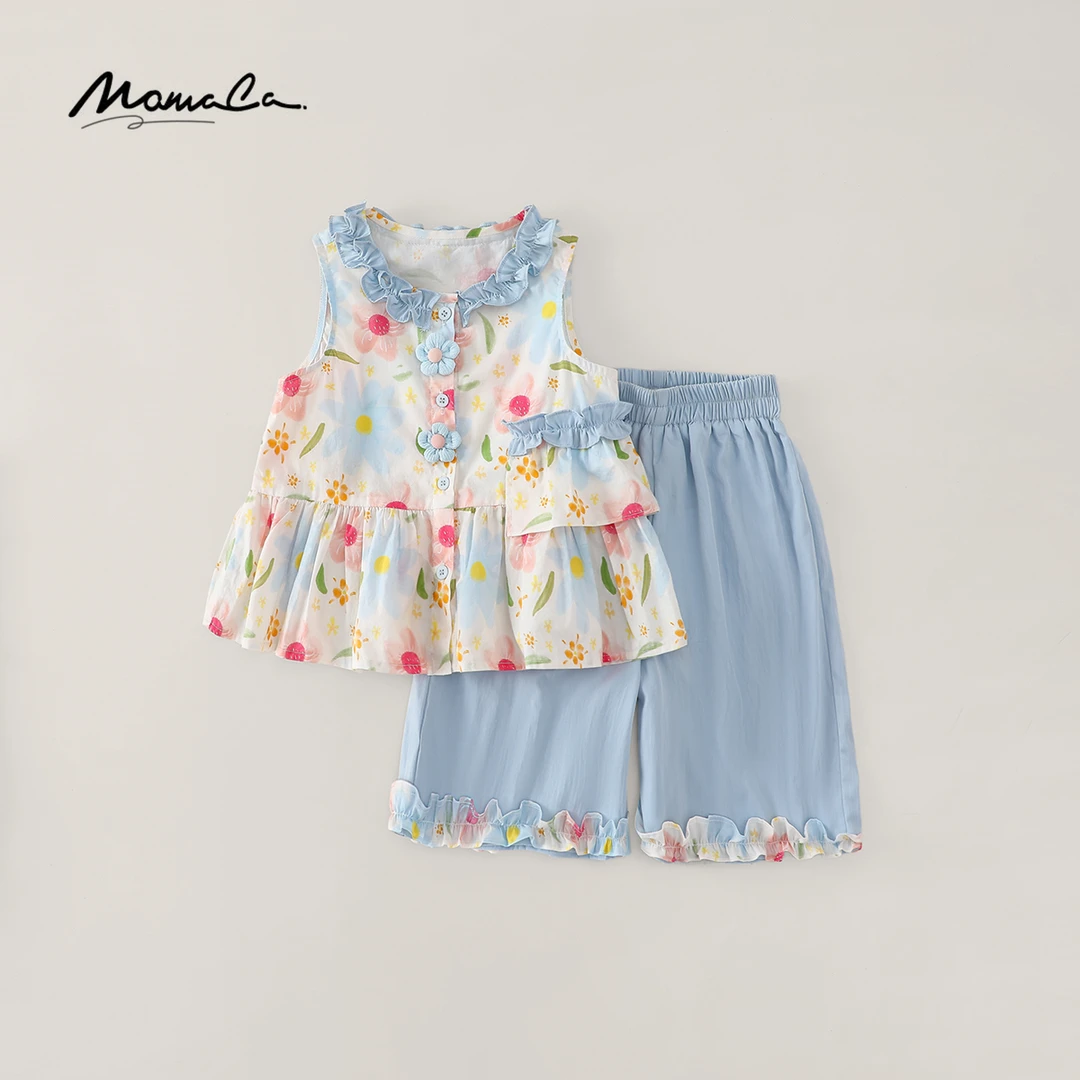 MOMOCO女童2025夏季新款碎花时尚甜美无袖七分裤套装77630578192