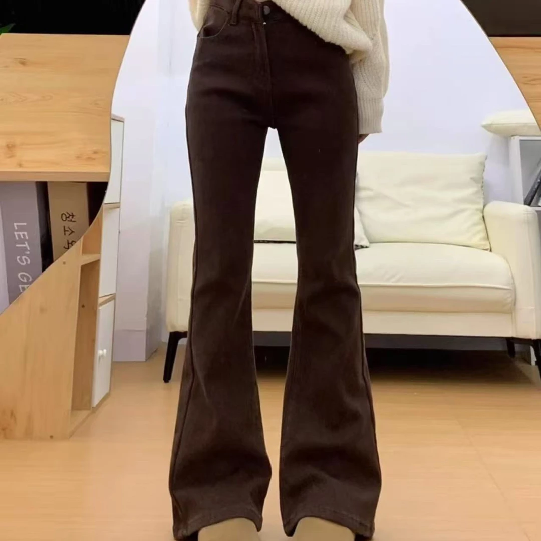 咖色弹力微喇牛仔裤女高腰修身显瘦梨形身材马蹄裤秋季大码喇叭裤