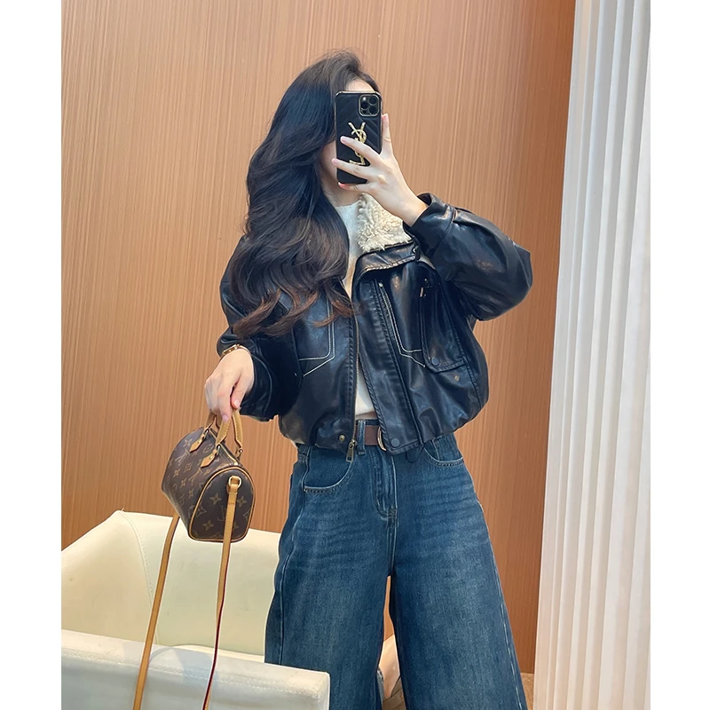 皮衣外套女2025新款冬季加绒加厚酷飒风气质复古短款夹克休闲上衣