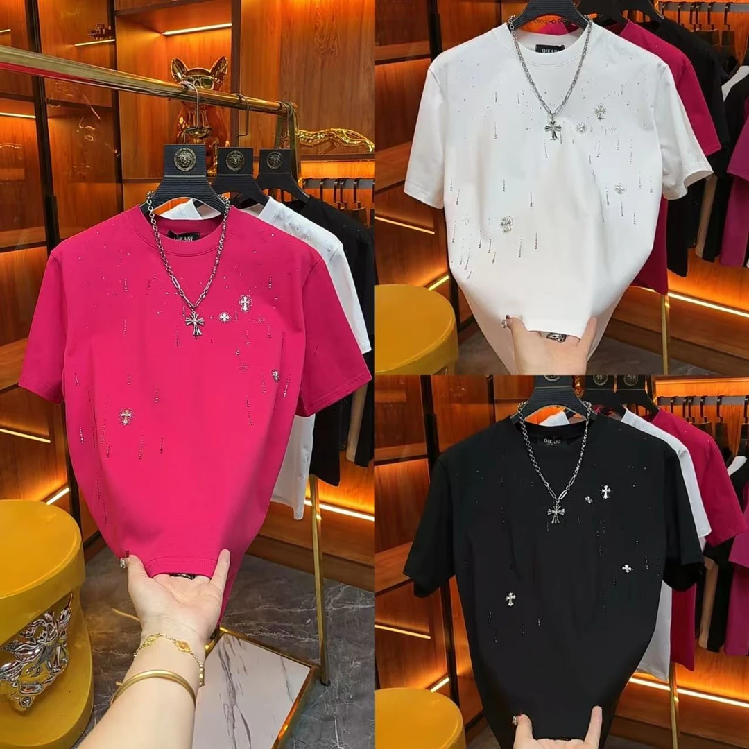 男士新款 圆领T恤高品质网红百搭半袖烫钻通用镶钻 潮流休闲短袖