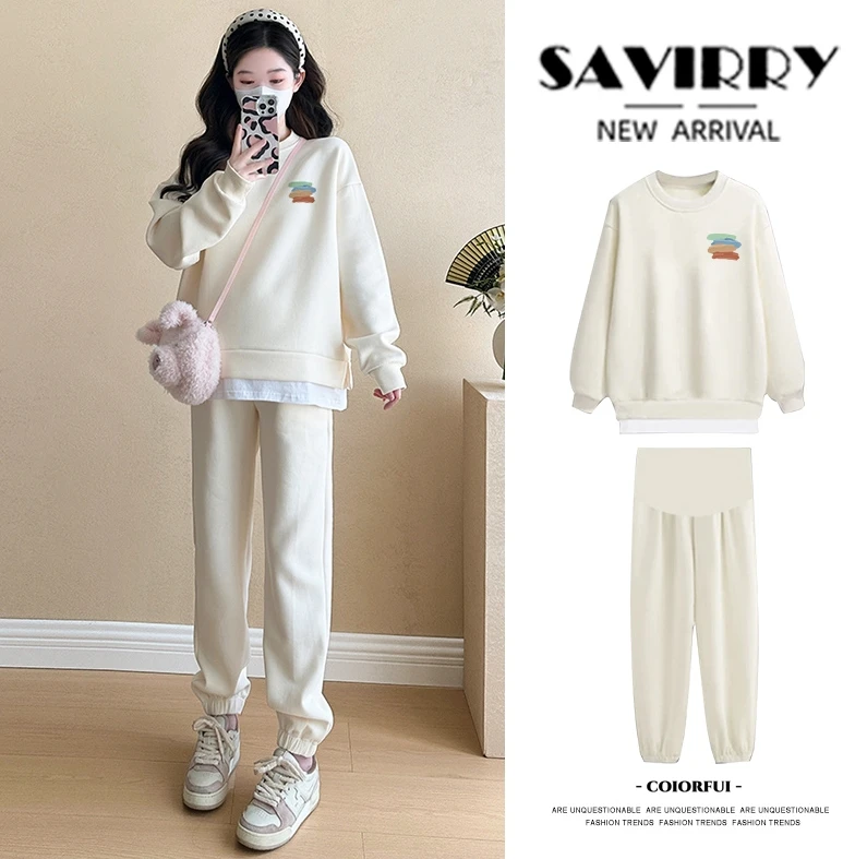 孕妇装2025新款春秋油漆条休闲款假两件卫衣＋托腹卫裤外穿两件套