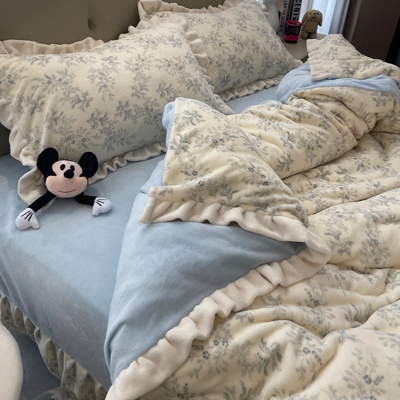 【顺丰包邮】法式牛奶绒四件套双面绒加厚保暖花边被套不掉毛无静电