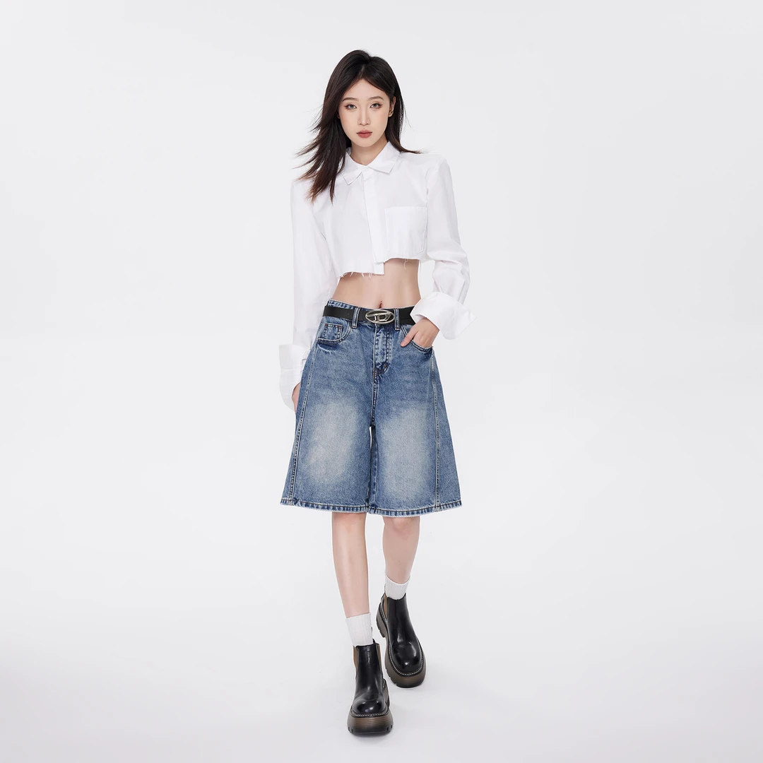 EDX美式复古蓝色牛仔短裤2025春夏新款时尚高腰百搭五分裤L6628