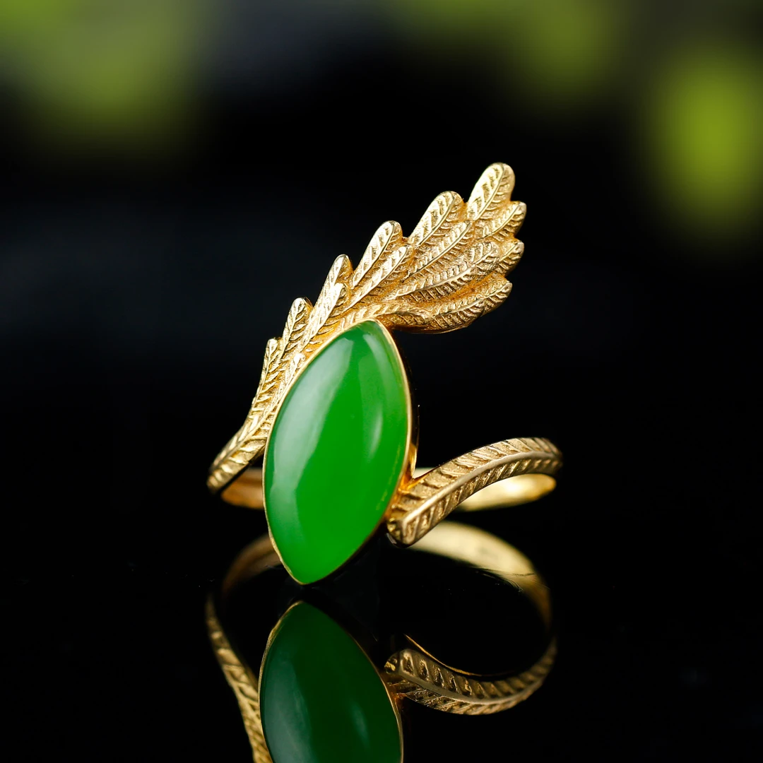 白玉世家凤之翼/18K金高色苹果绿碧玉戒指春日上新礼物和田玉玉石