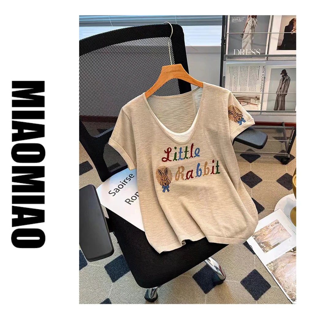 【苗苗】2202趣味短袖拼接2025年大码时尚针织衫独特韩版宽松