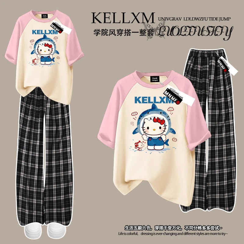2025夏季新款女童插肩短袖格子裤套装中大童鲨鱼小猫印花百搭上衣