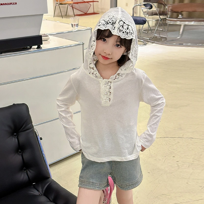 女童长袖T恤儿童秋装2025新款大童衣服女孩洋气时髦蕾丝连帽上衣