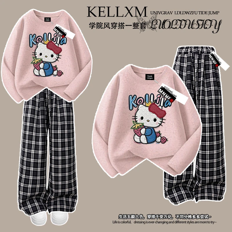 韩版卡通草莓kitty猫仿刺绣女童纯棉扎染长袖t恤格子裤套装中大童