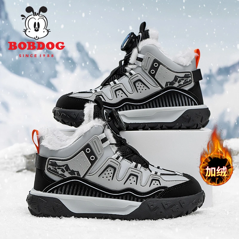 巴布豆童鞋男童大棉2025冬季款皮毛一体加绒加厚儿童运动鞋雪地靴