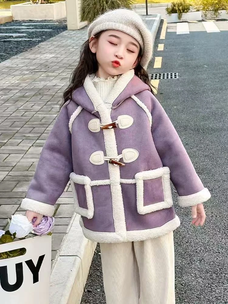 连帽洋气女童加绒纯色女呢大衣普通外套冬季休闲风