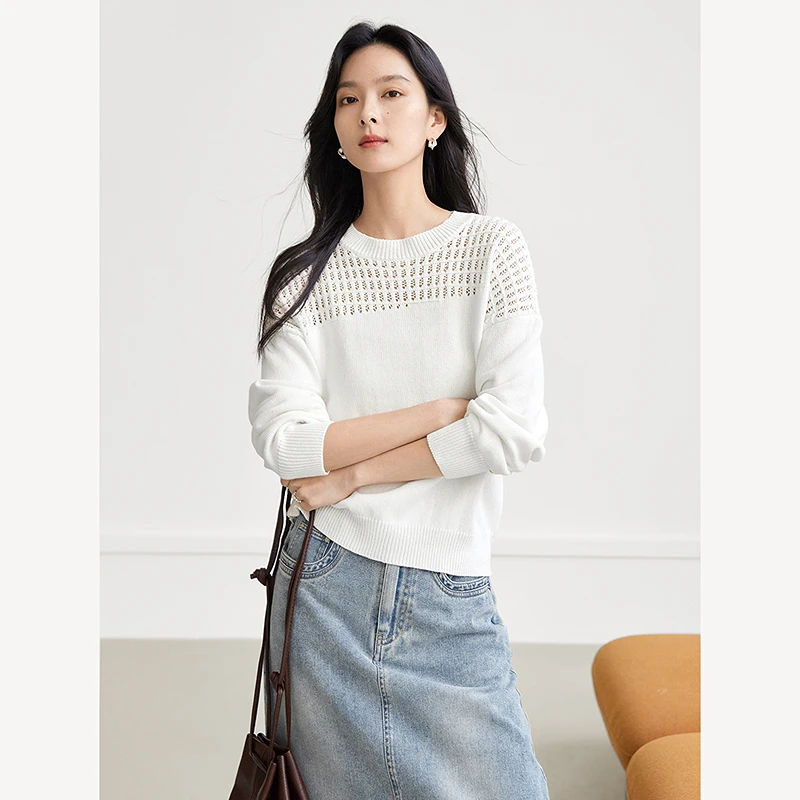 对白100%纯棉亲肤柔软镂空毛衣女欧若风秋季新款针织