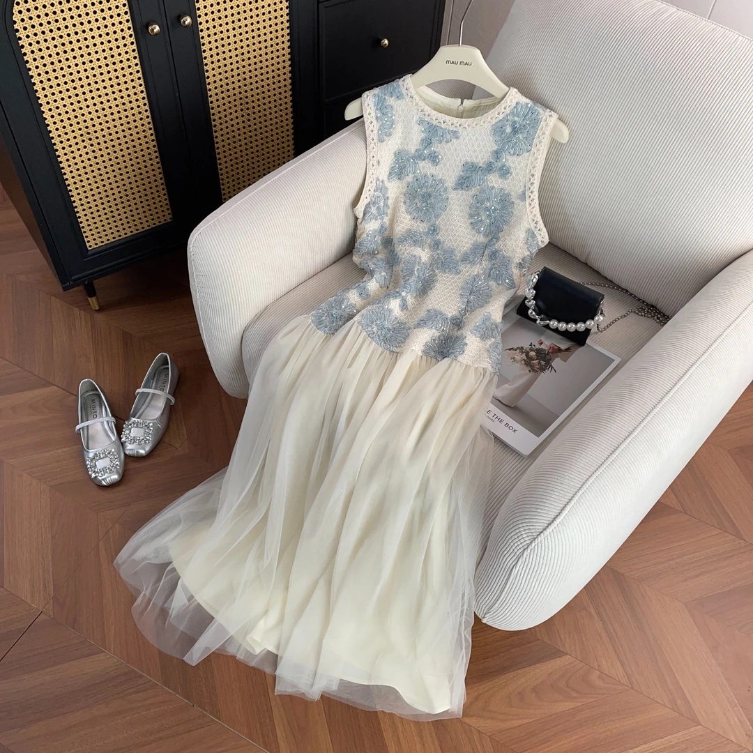 法式甜美度假风仙女蕾丝系带无袖长款连衣裙女DY6946