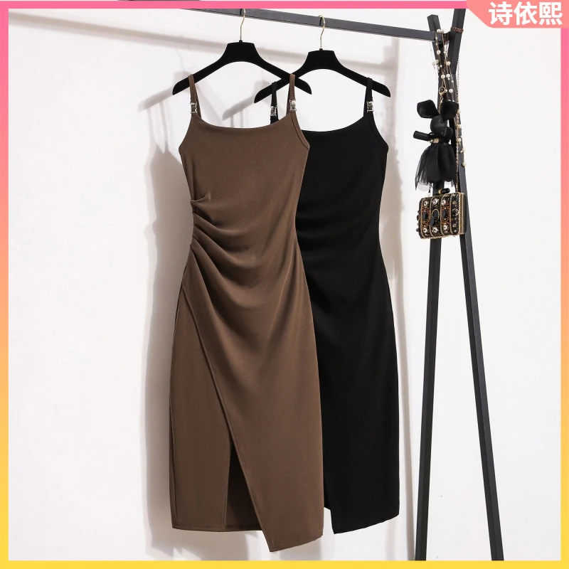 1皱褶不规则开叉吊带裙子夏季韩版大码胖mm收腰显瘦遮肚茶歇连衣l