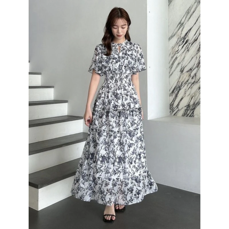 雪纺荷叶边松紧腰甜美印花斗篷显瘦连衣裙 夏季新款 D【胖虎家】