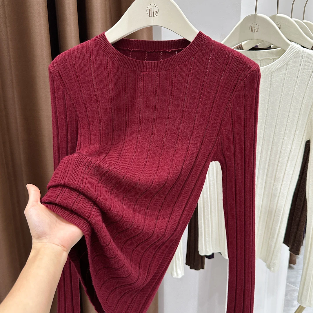 红色高级感圆领针织上衣女秋冬新款修身微弹长袖T恤时髦打底小衫