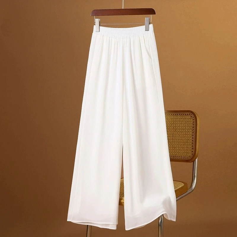 双层雪纺阔腿裤女九分夏薄款宽松裤子白色大码直筒垂感高腰休闲裤