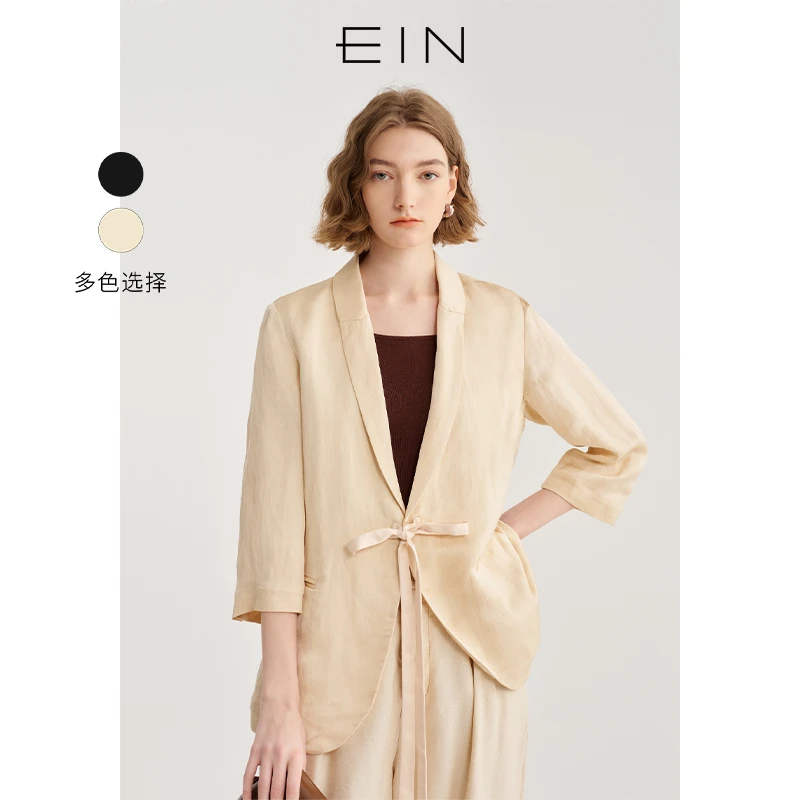 EIN/言老钱风轻通勤流光亚麻系带直筒八分袖西装外套25夏季新款