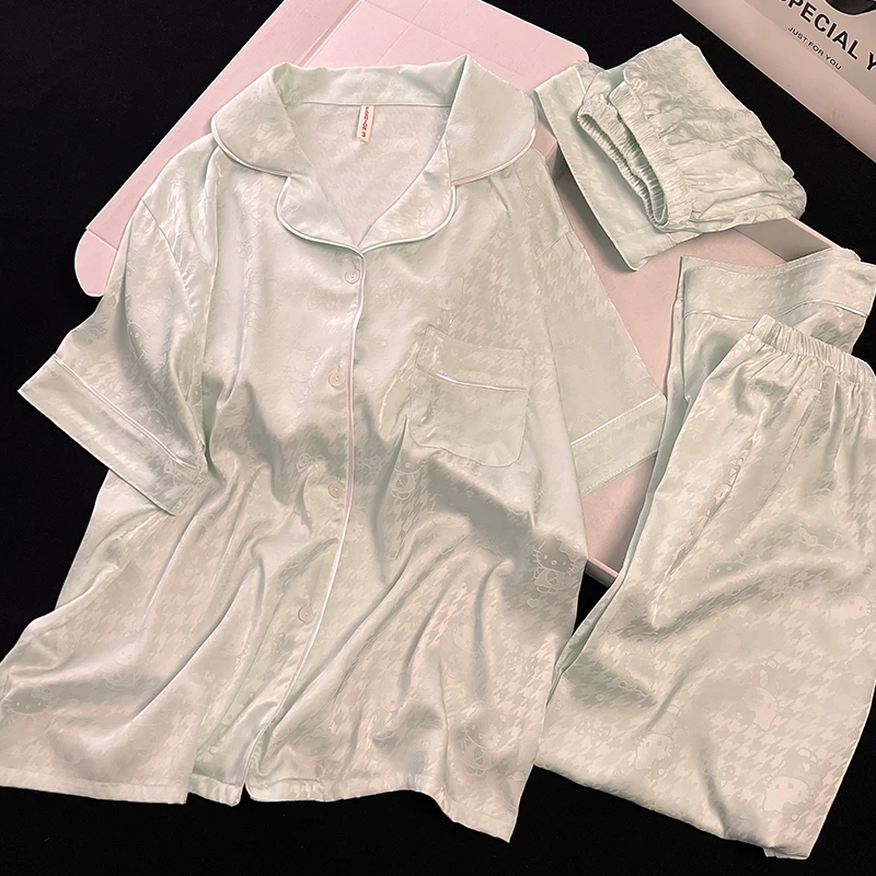 三件套千鸟格kitty猫睡衣女夏季高级感春秋天冰丝短袖新款家居服