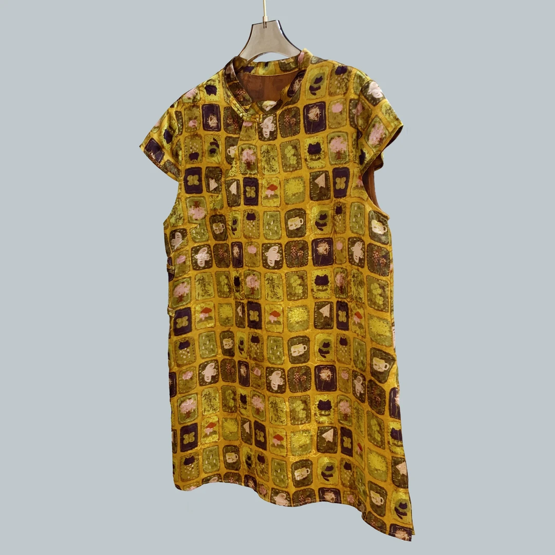 人丝提花盘扣国风上衣中长款斜襟改良旗袍复古新中式提花短袖衫