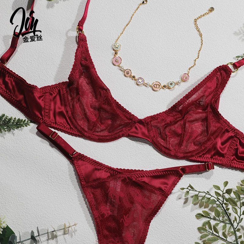 【8628】蛇年本命年红色法式蕾丝上托聚拢文胸性感女士内衣套装