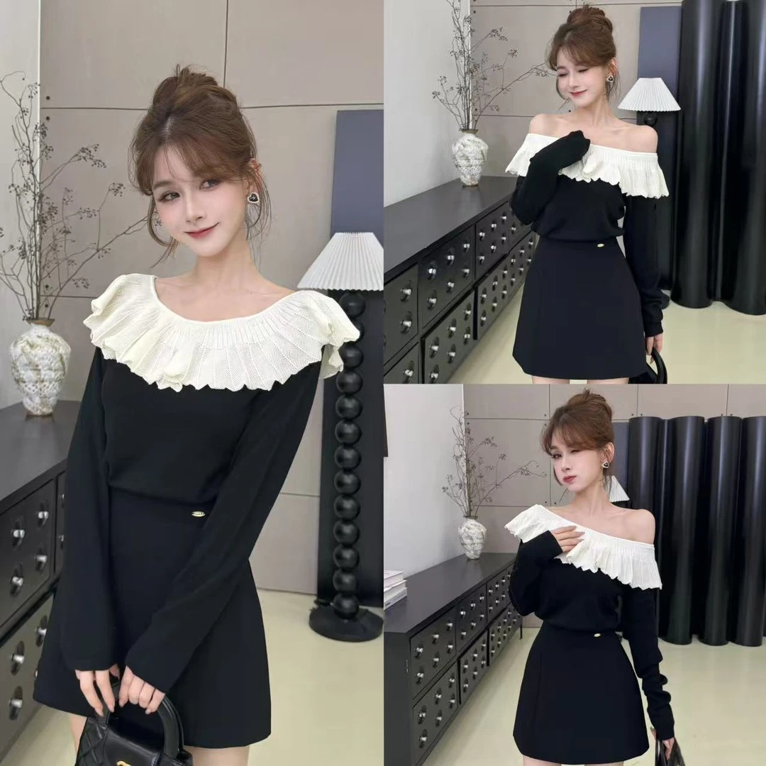 「风荷举袂」荷叶边气质一字肩斜肩圆领三穿针织衫