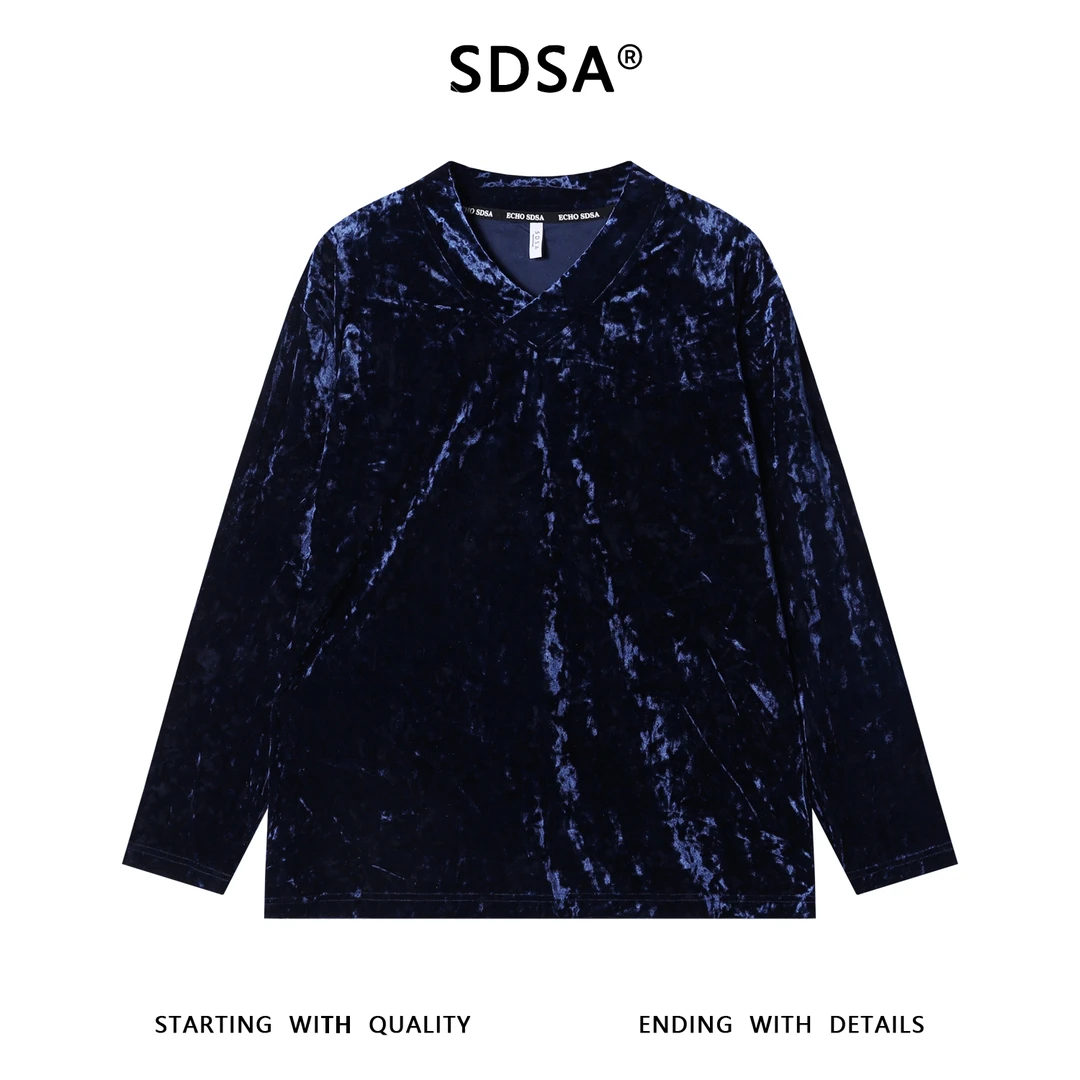 SDSA男士秋冬新款痞帅男装潮牌植绒交叉V领长袖T恤百搭宽松上衣